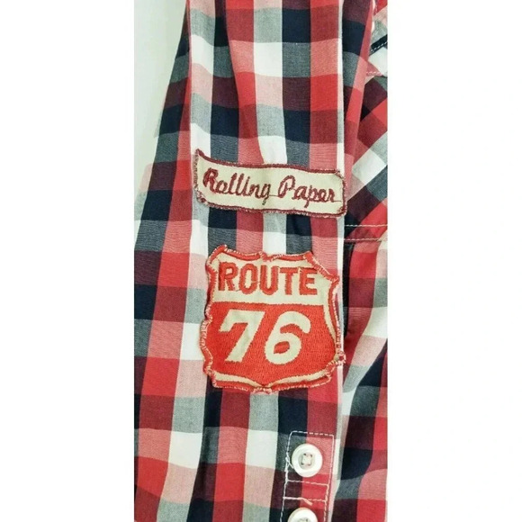 Rolling Paper 2XL Women's Pearl Snap Red White Black Check Sleeve Patch Shirt - Picture 6 of 12